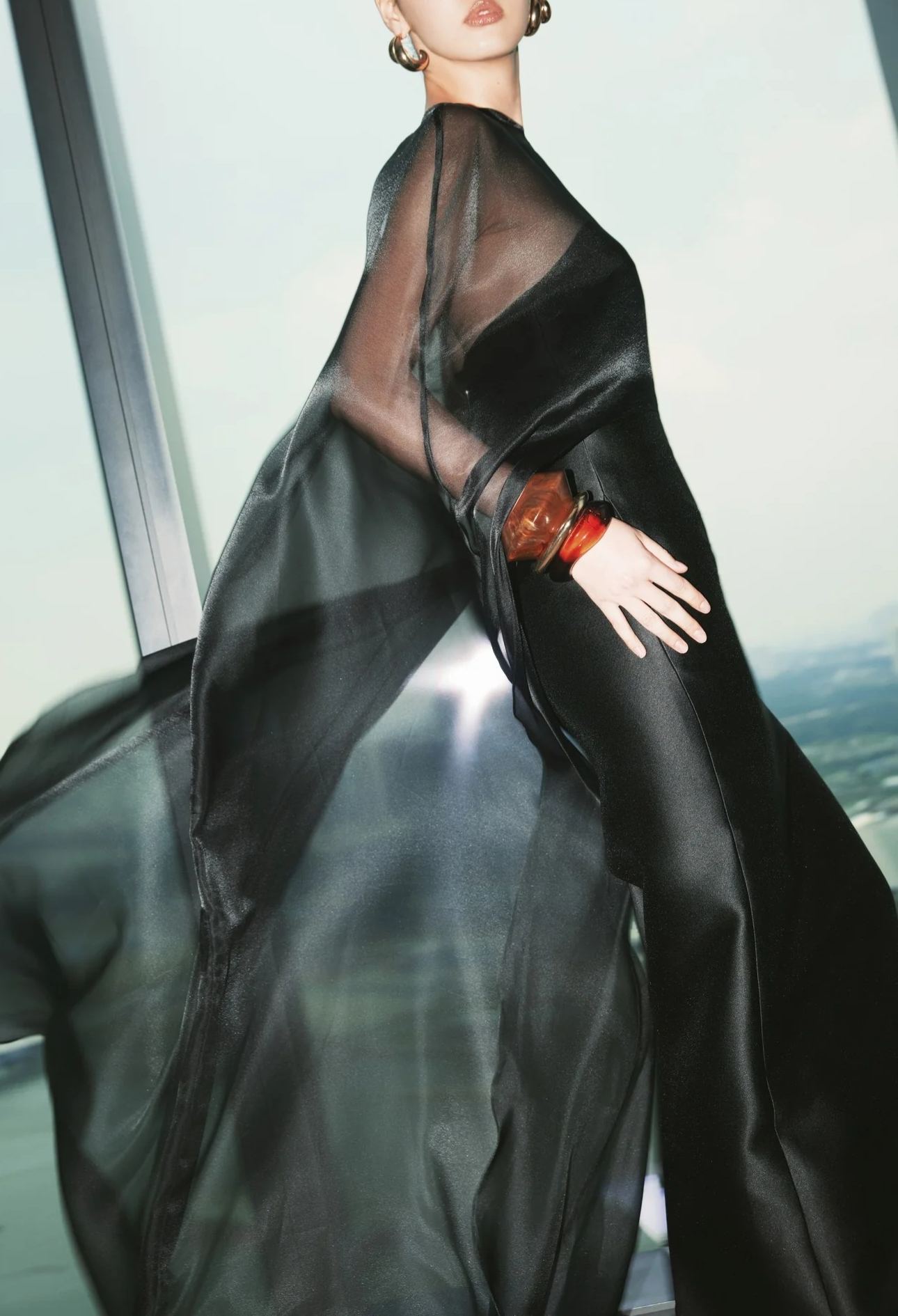 Farquhar Mesh Shawl Silky Maxi Dress In Black