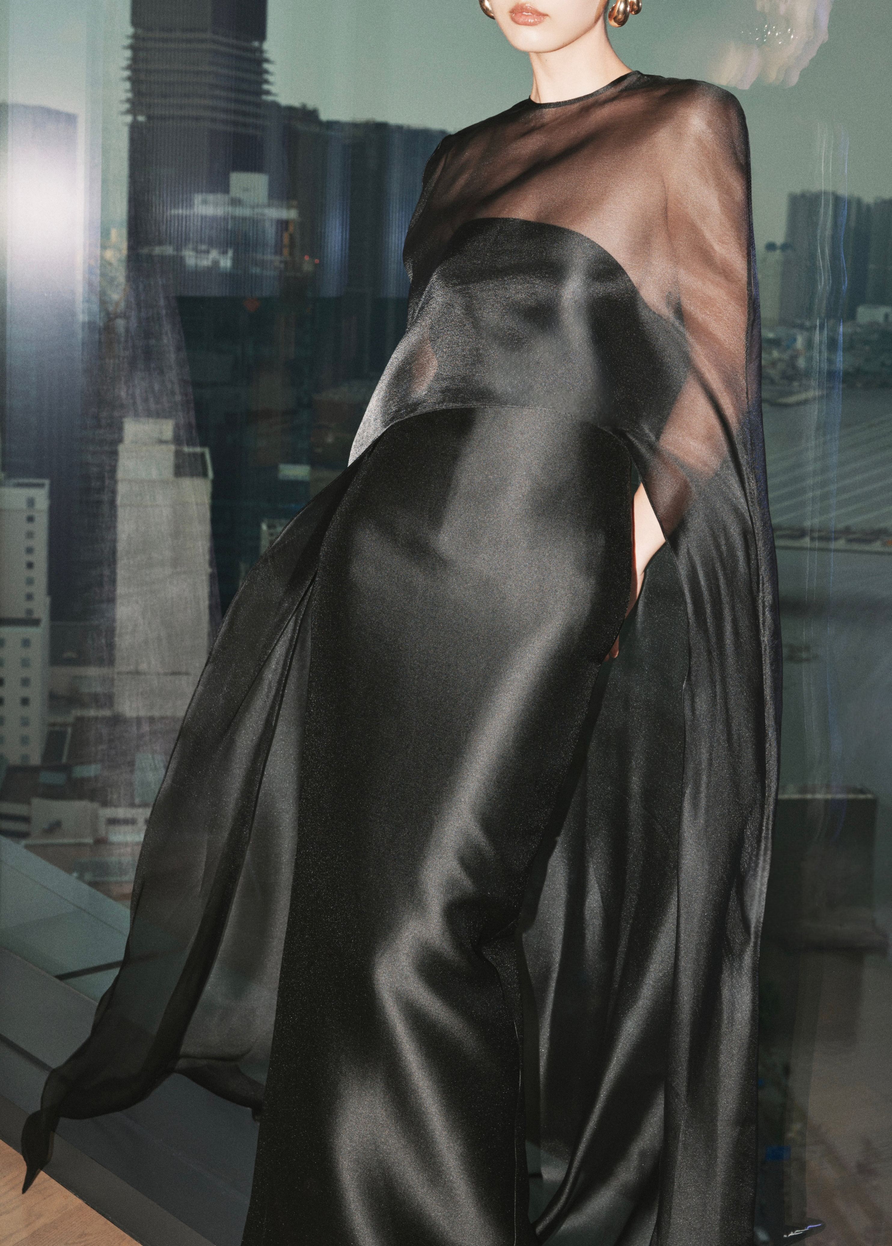 Farquhar Mesh Shawl Silky Maxi Dress In Black