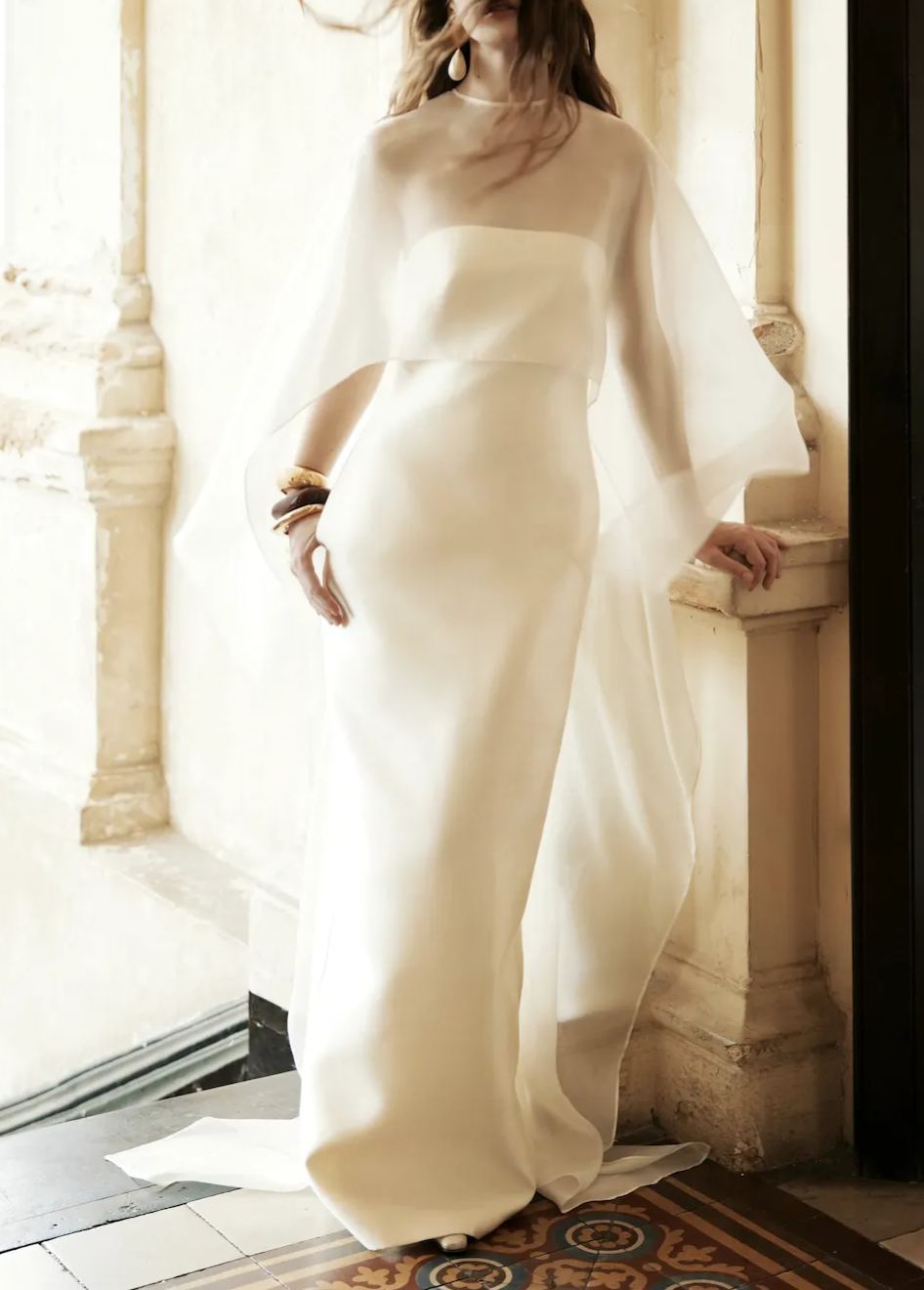 Daplag Mesh Shawl Silky Maxi Dress In White