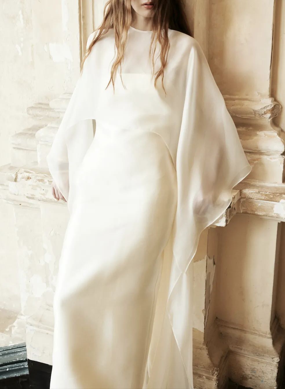 Daplag Mesh Shawl Silky Maxi Dress In White