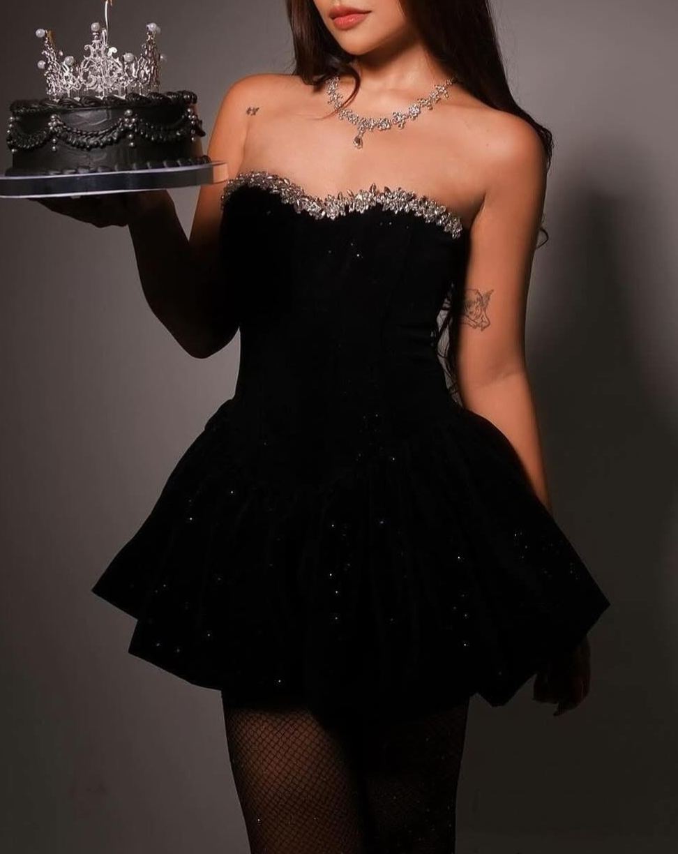 Dzan Rhinestone Bow Sequin Strapless Mini Dress