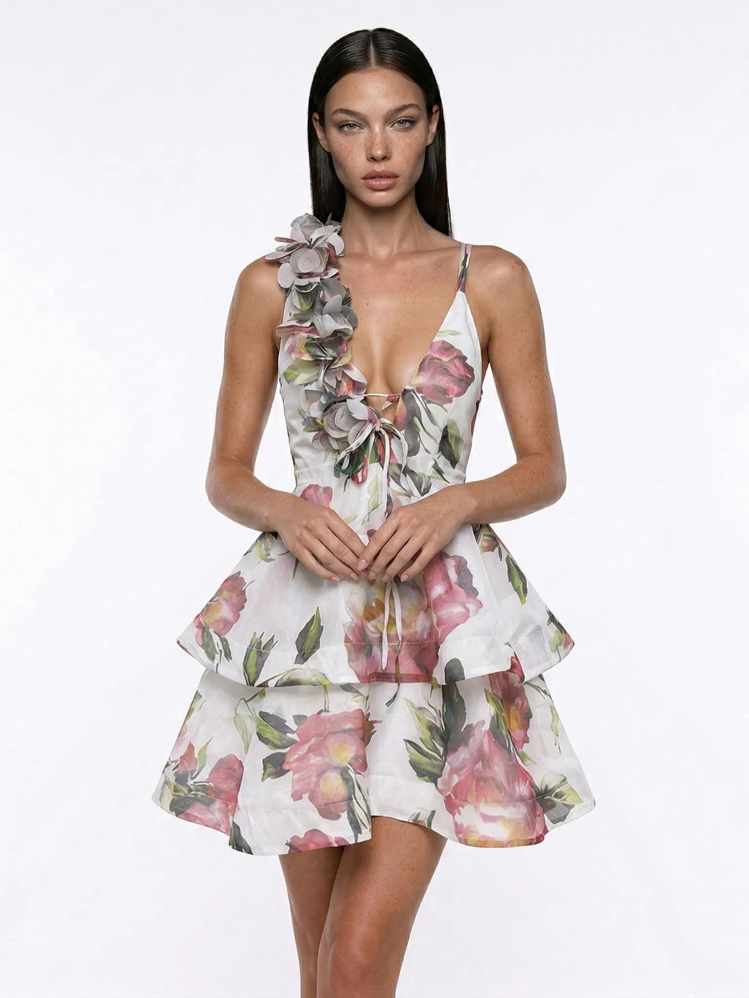 Fatsani Flower Asymmetric Ruffle Mini Dress In White