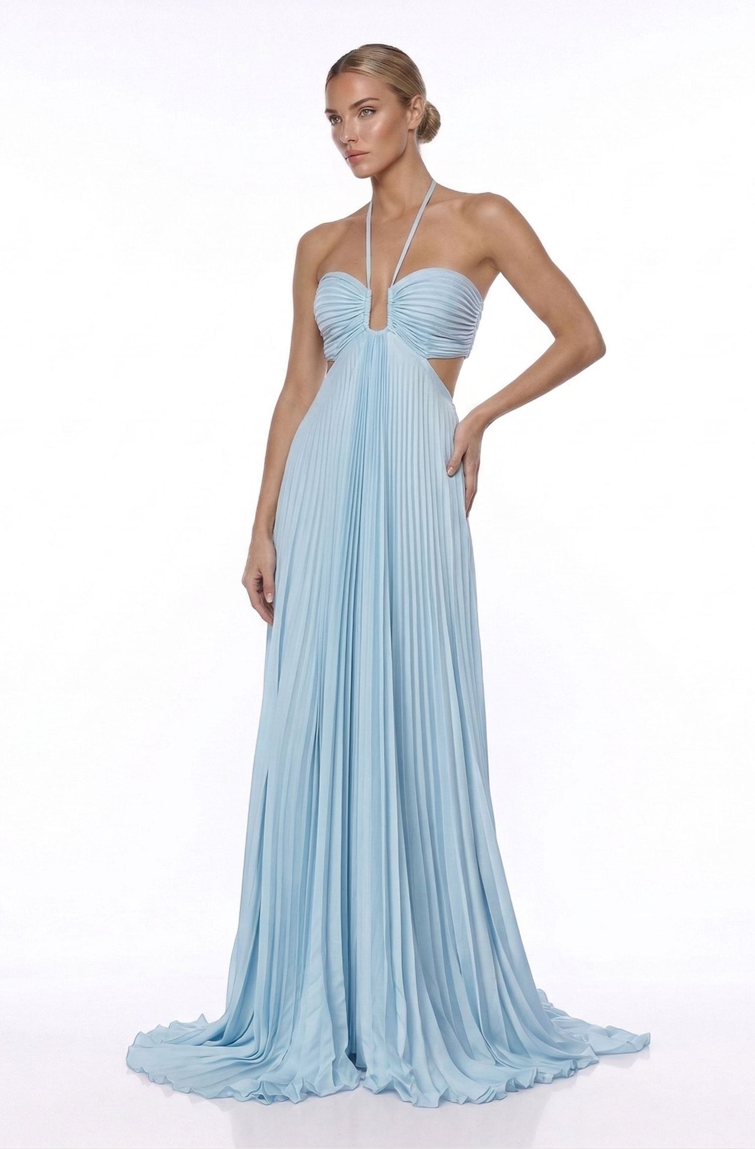 Joséphine Blue Pleated Maxi Dress with Cutout Detail