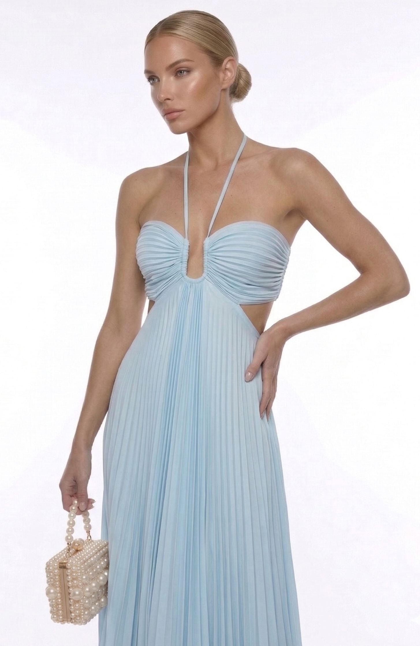 Joséphine Blue Pleated Maxi Dress with Cutout Detail