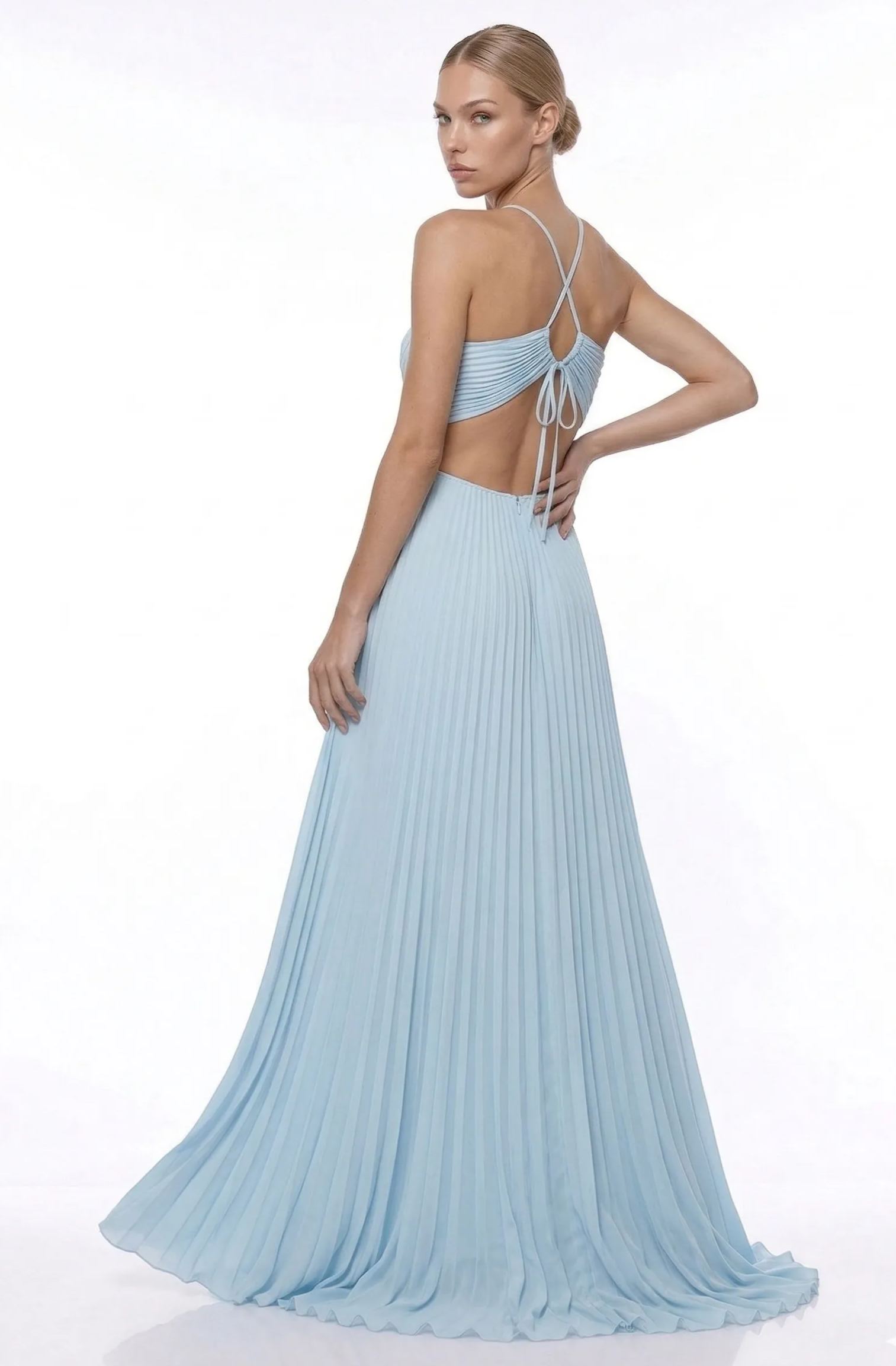 Joséphine Blue Pleated Maxi Dress with Cutout Detail