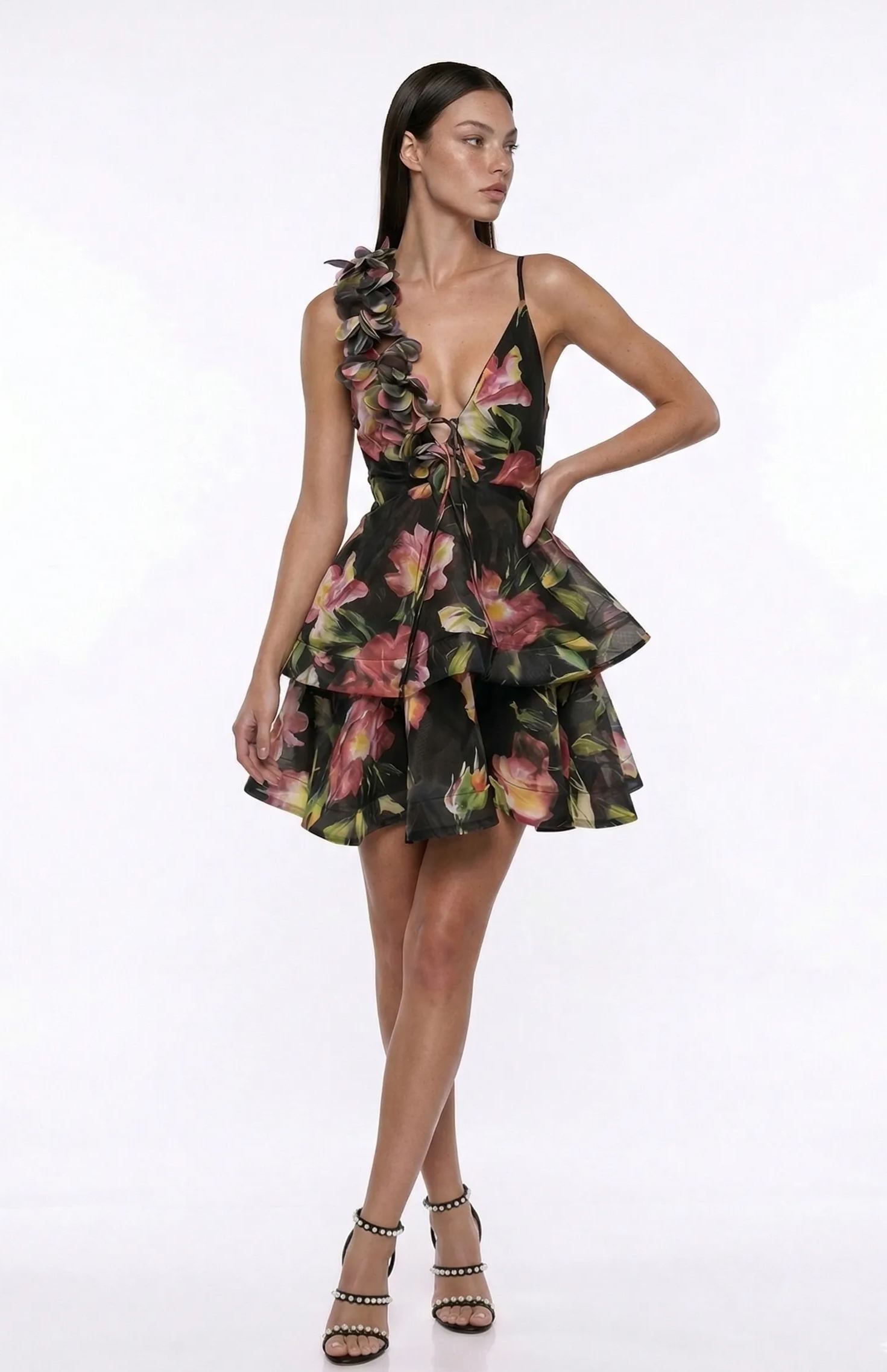 Fancoy Flower Asymmetric Ruffle Mini Dress In Black