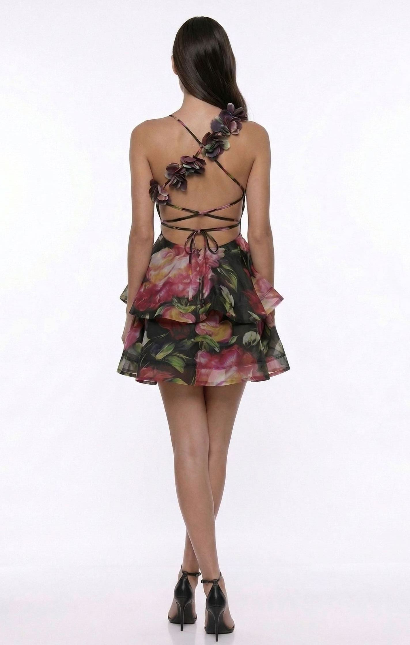 Fancoy Flower Asymmetric Ruffle Mini Dress In Black