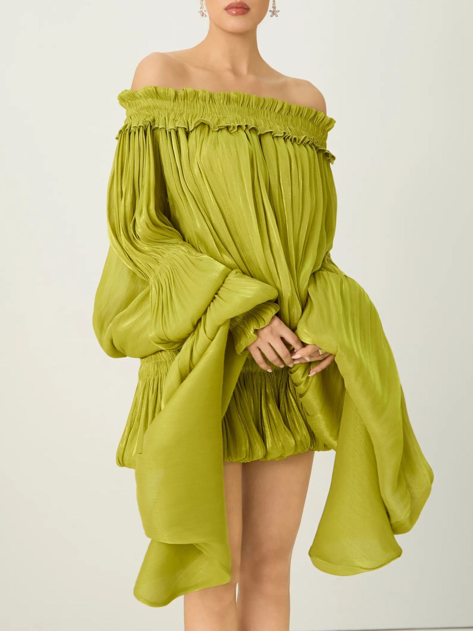 Want The Best Green Off Shoulder Ruffle Mini Dress
