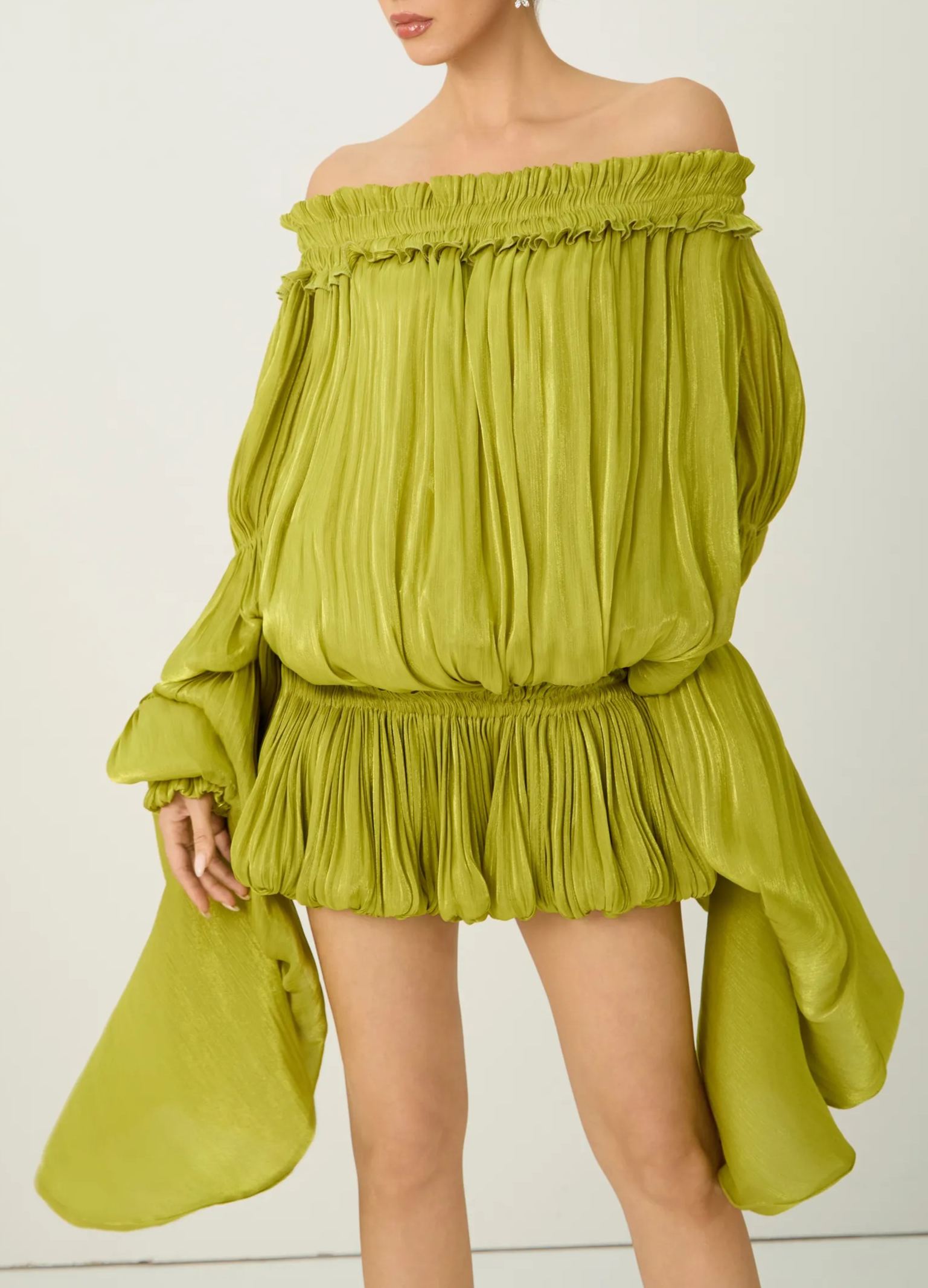 Want The Best Green Off Shoulder Ruffle Mini Dress