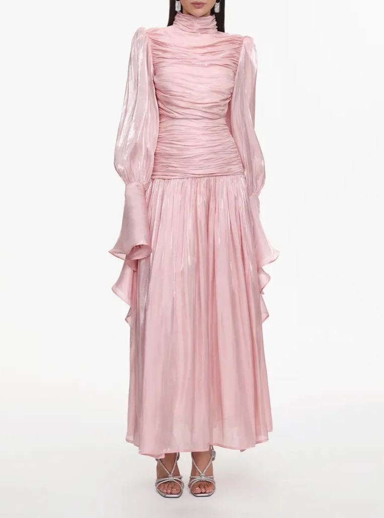 Anralzum Pink Glossy Ruched Maxi Dress
