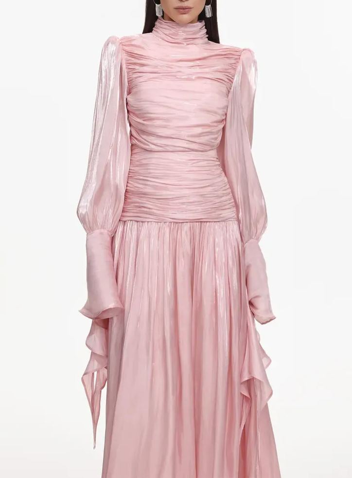 Anralzum Pink Glossy Ruched Maxi Dress