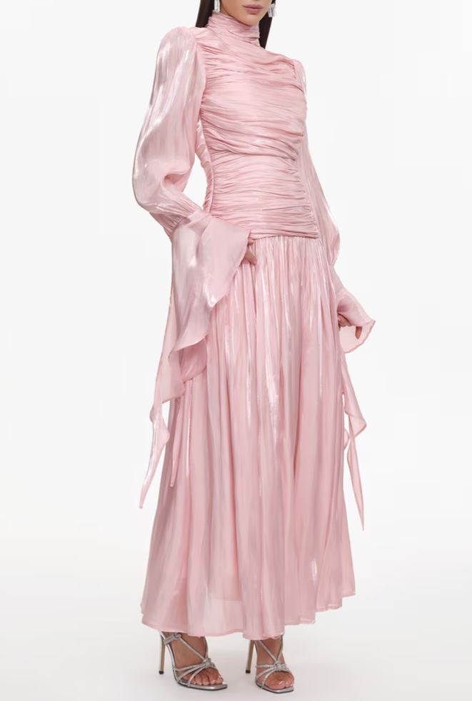Anralzum Pink Glossy Ruched Maxi Dress