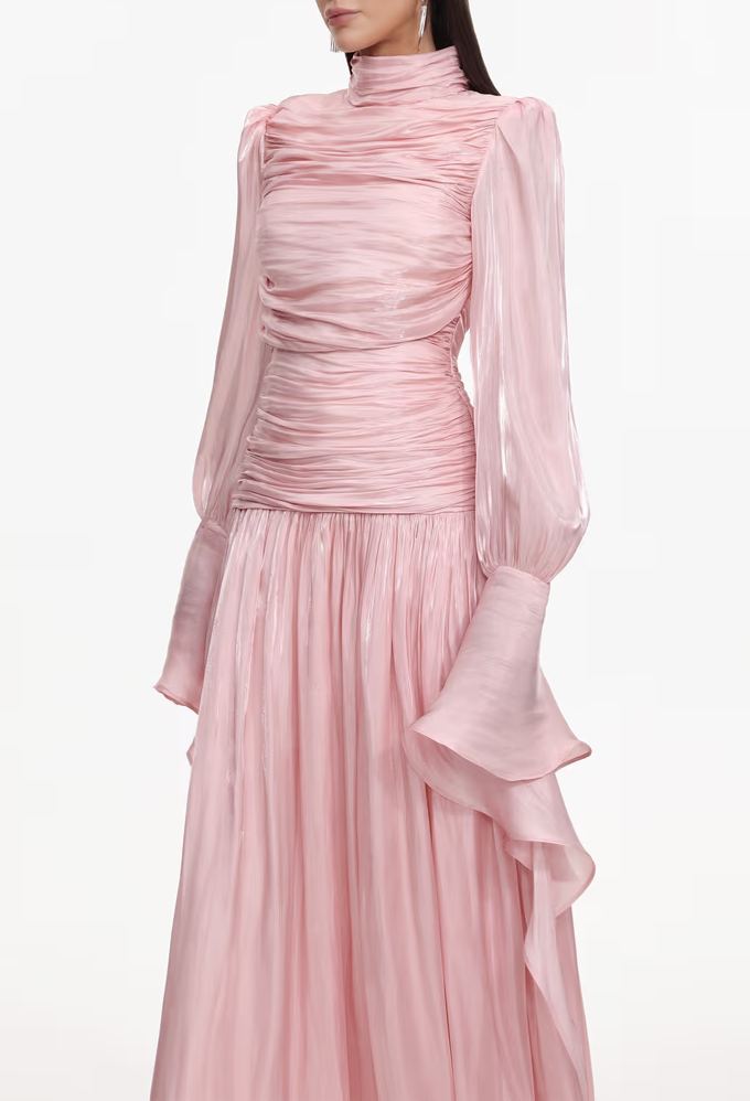 Anralzum Pink Glossy Ruched Maxi Dress