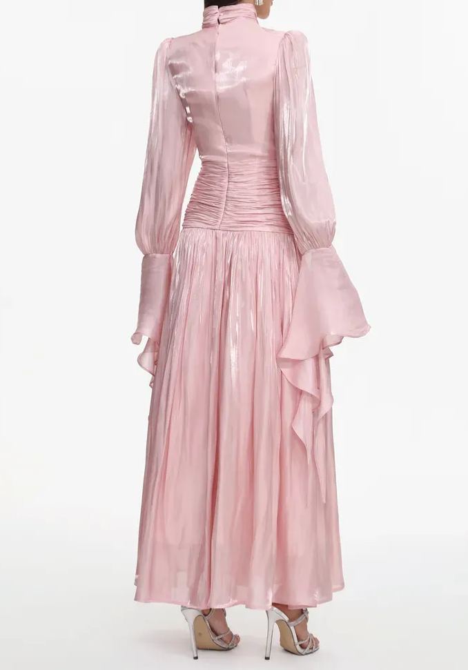 Anralzum Pink Glossy Ruched Maxi Dress