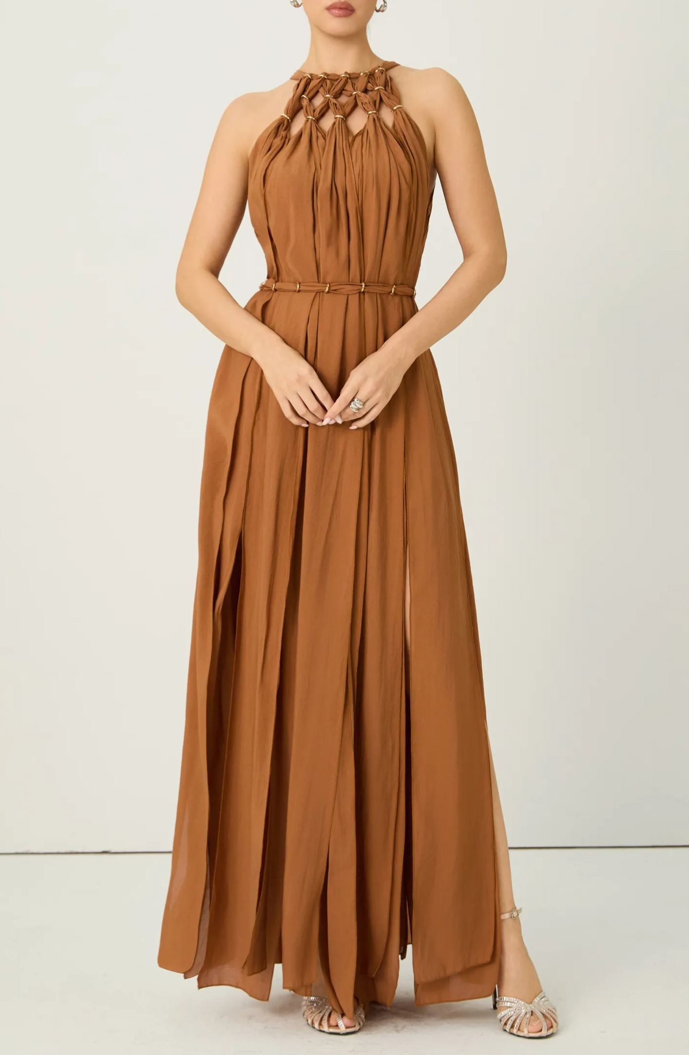 Style Unlocked Brown Knotted Draped Maxi Dress