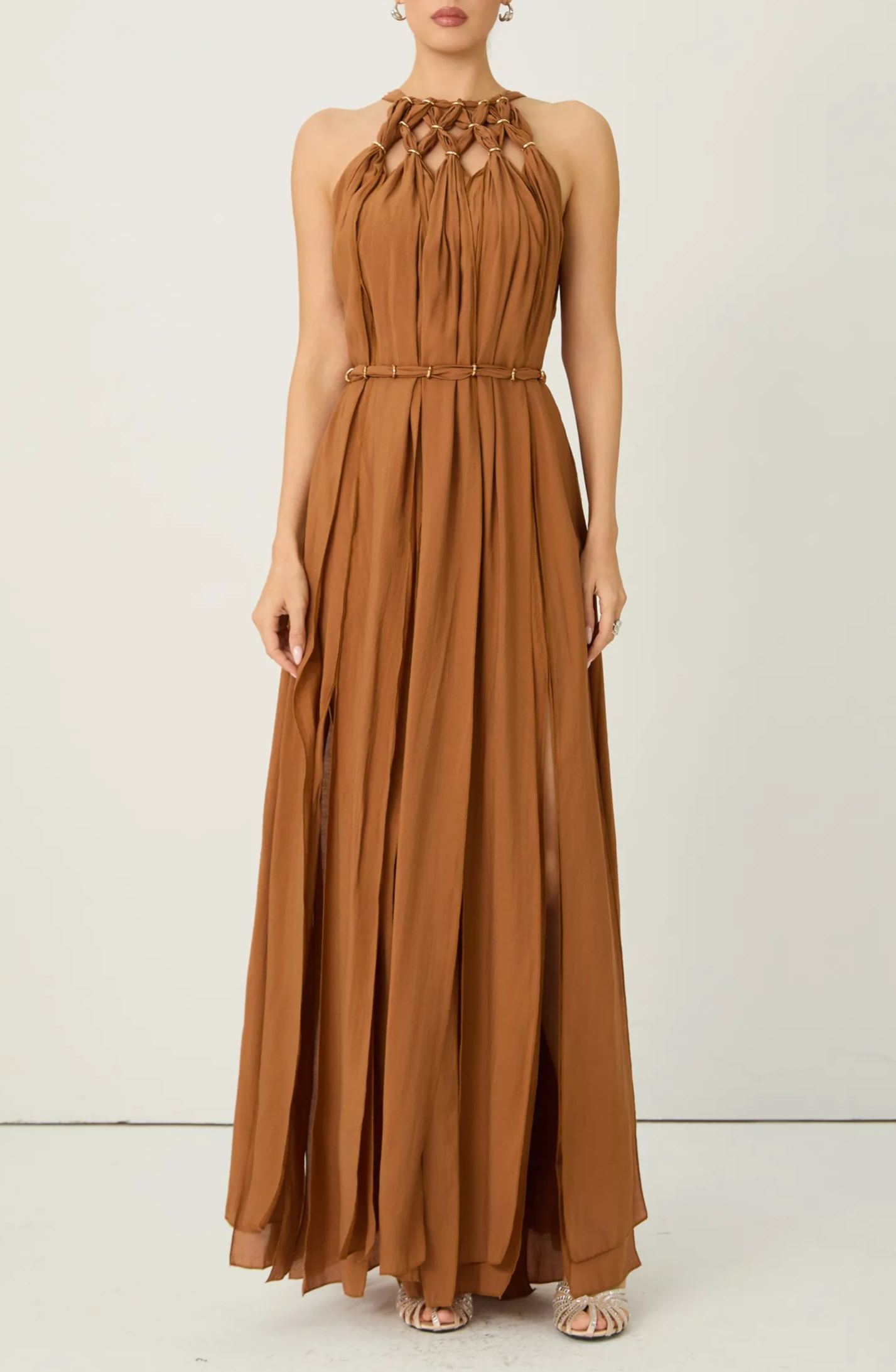 Style Unlocked Brown Knotted Draped Maxi Dress