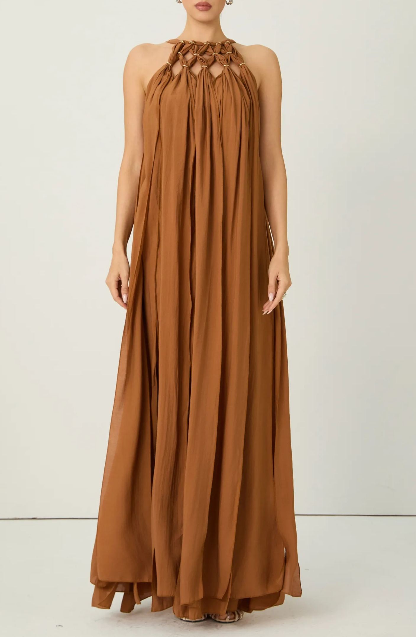 Style Unlocked Brown Knotted Draped Maxi Dress