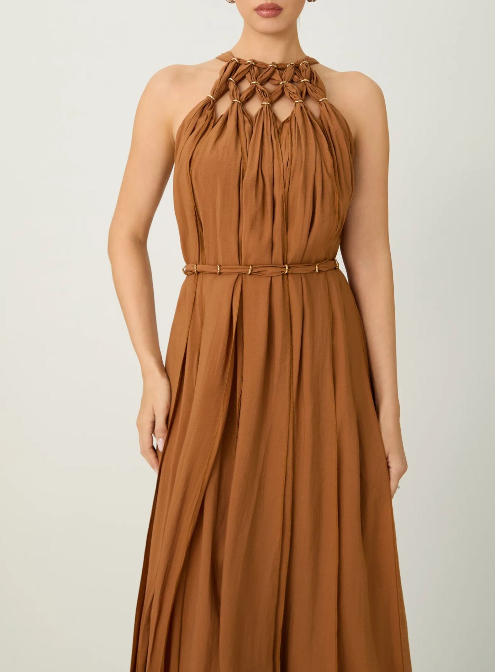 Style Unlocked Brown Knotted Draped Maxi Dress