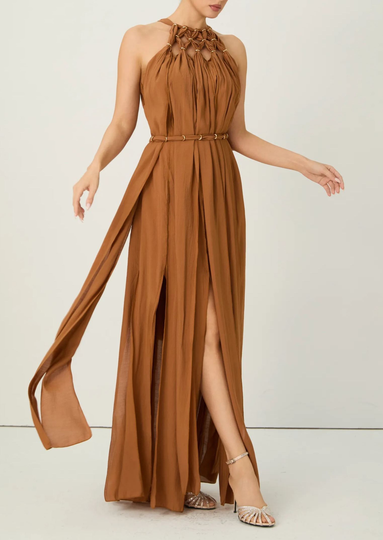 Style Unlocked Brown Knotted Draped Maxi Dress