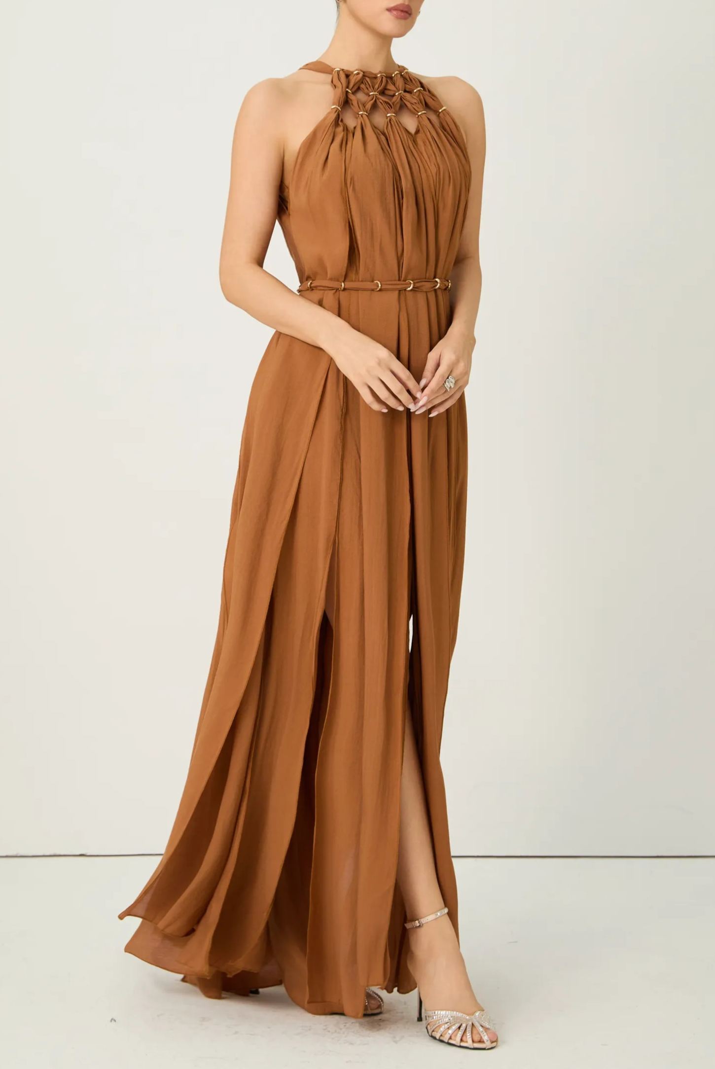 Style Unlocked Brown Knotted Draped Maxi Dress