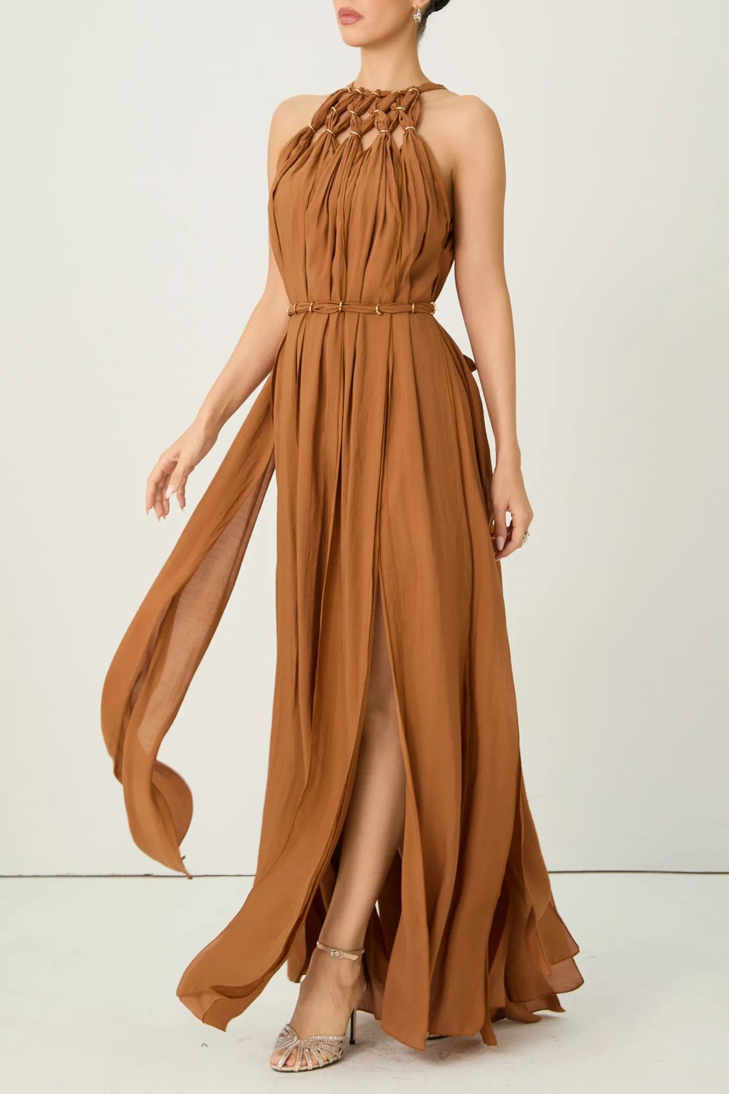 Style Unlocked Brown Knotted Draped Maxi Dress