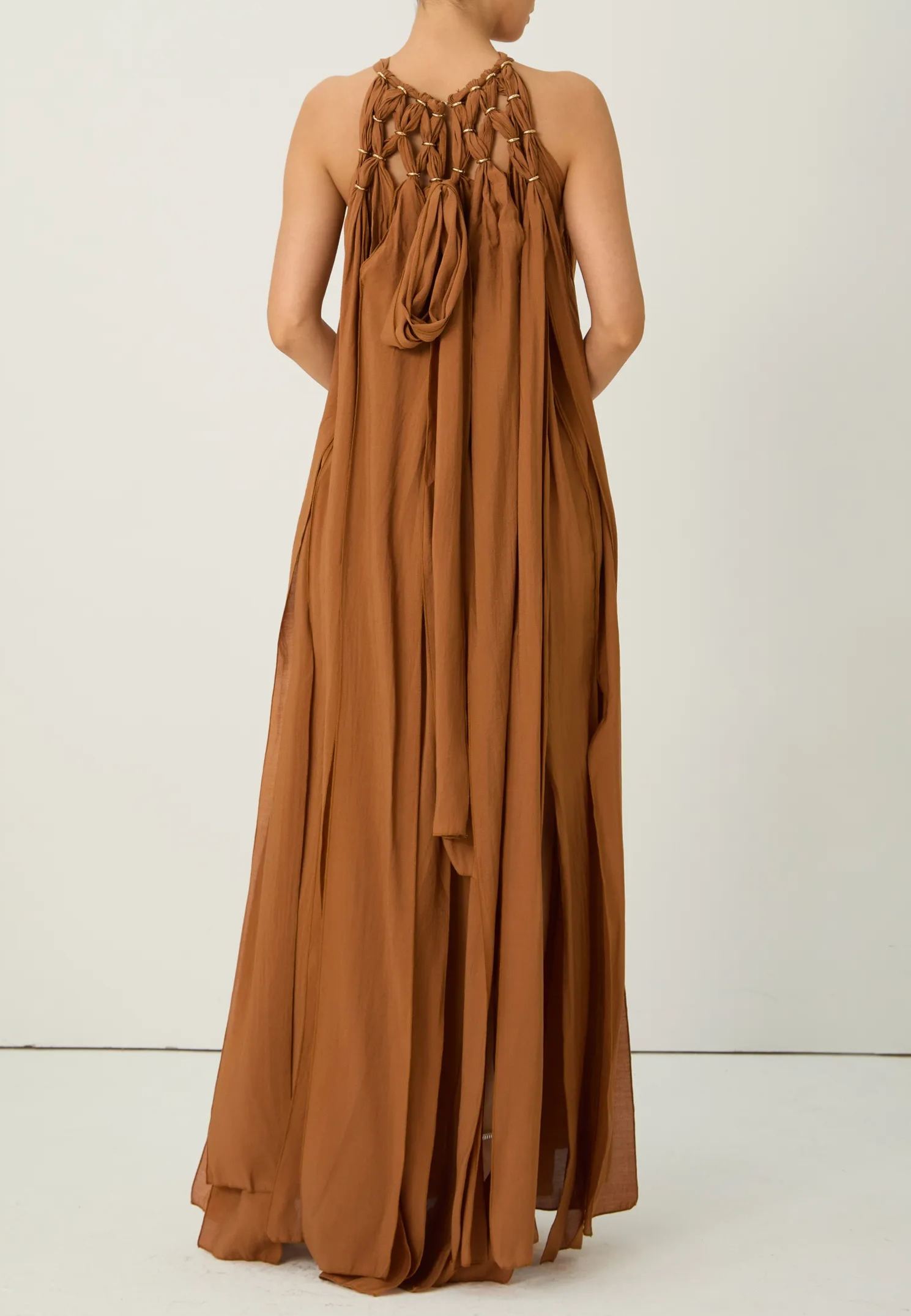 Style Unlocked Brown Knotted Draped Maxi Dress