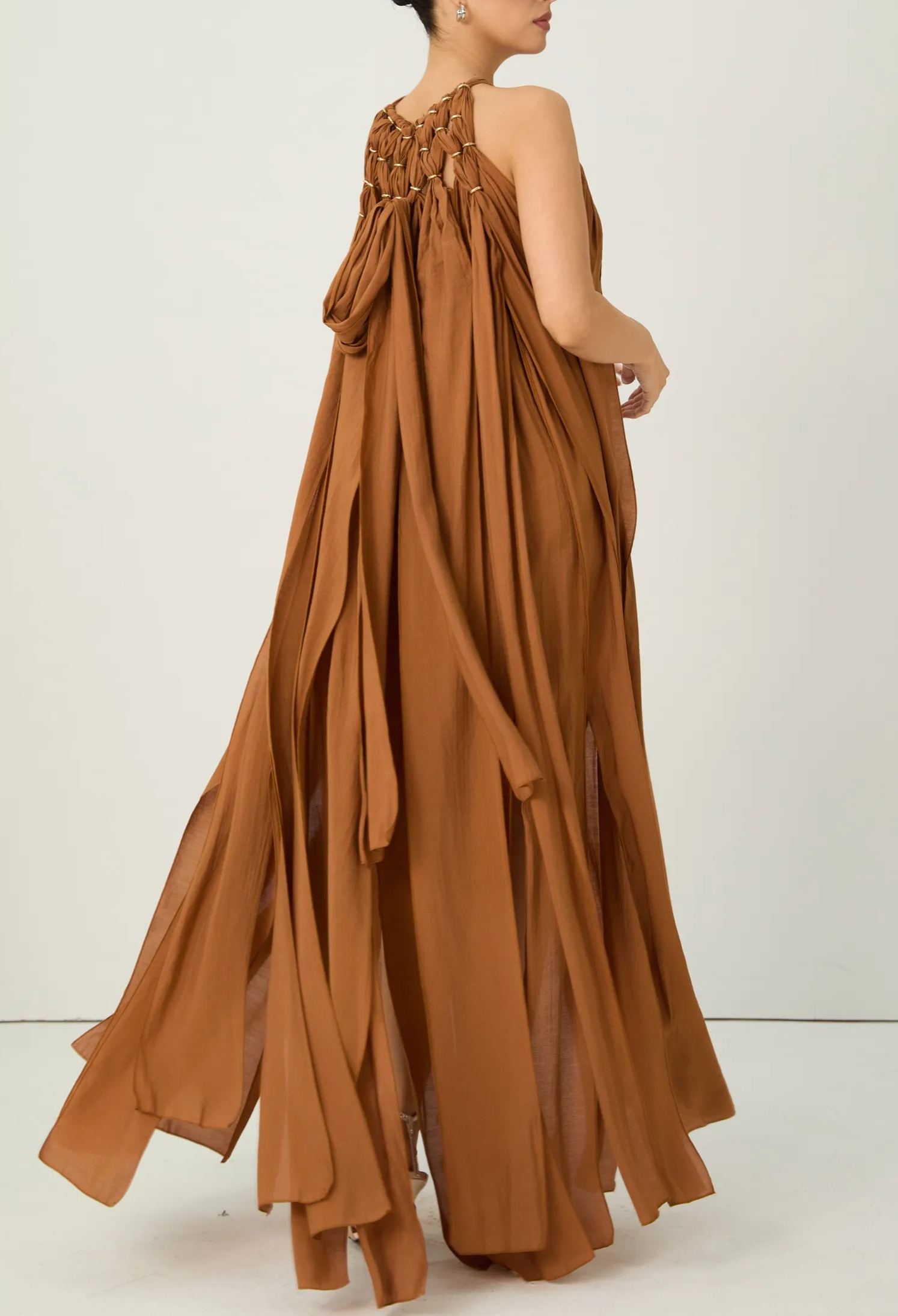 Style Unlocked Brown Knotted Draped Maxi Dress