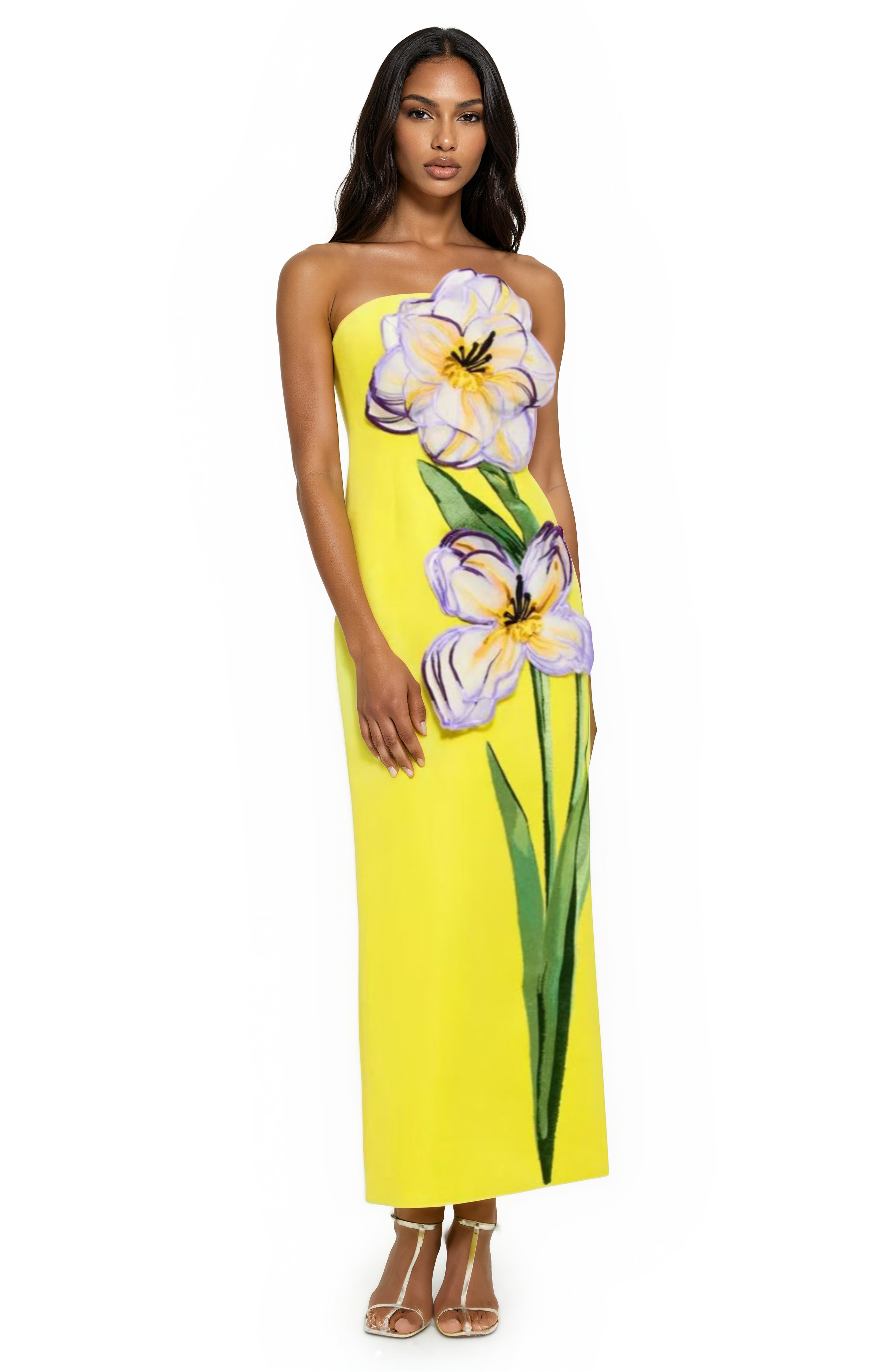 Abigail Sequin Embroidered Off-Shoulder Midi Dress in Yellow