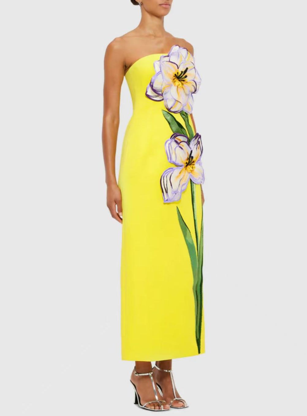 Abigail Sequin Embroidered Off-Shoulder Midi Dress in Yellow