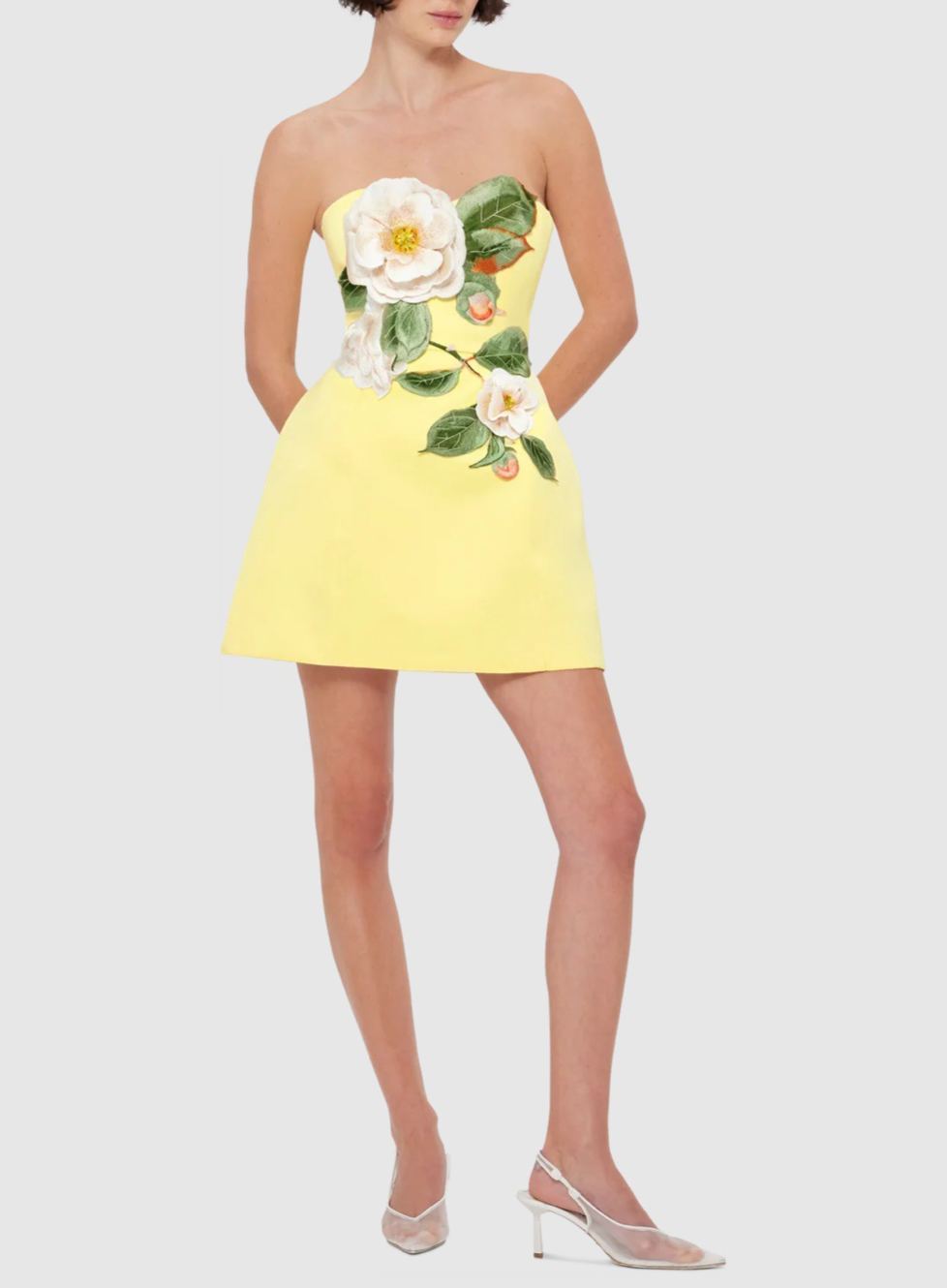 Beryndor Yellow Floral Embroidered Mini Dress