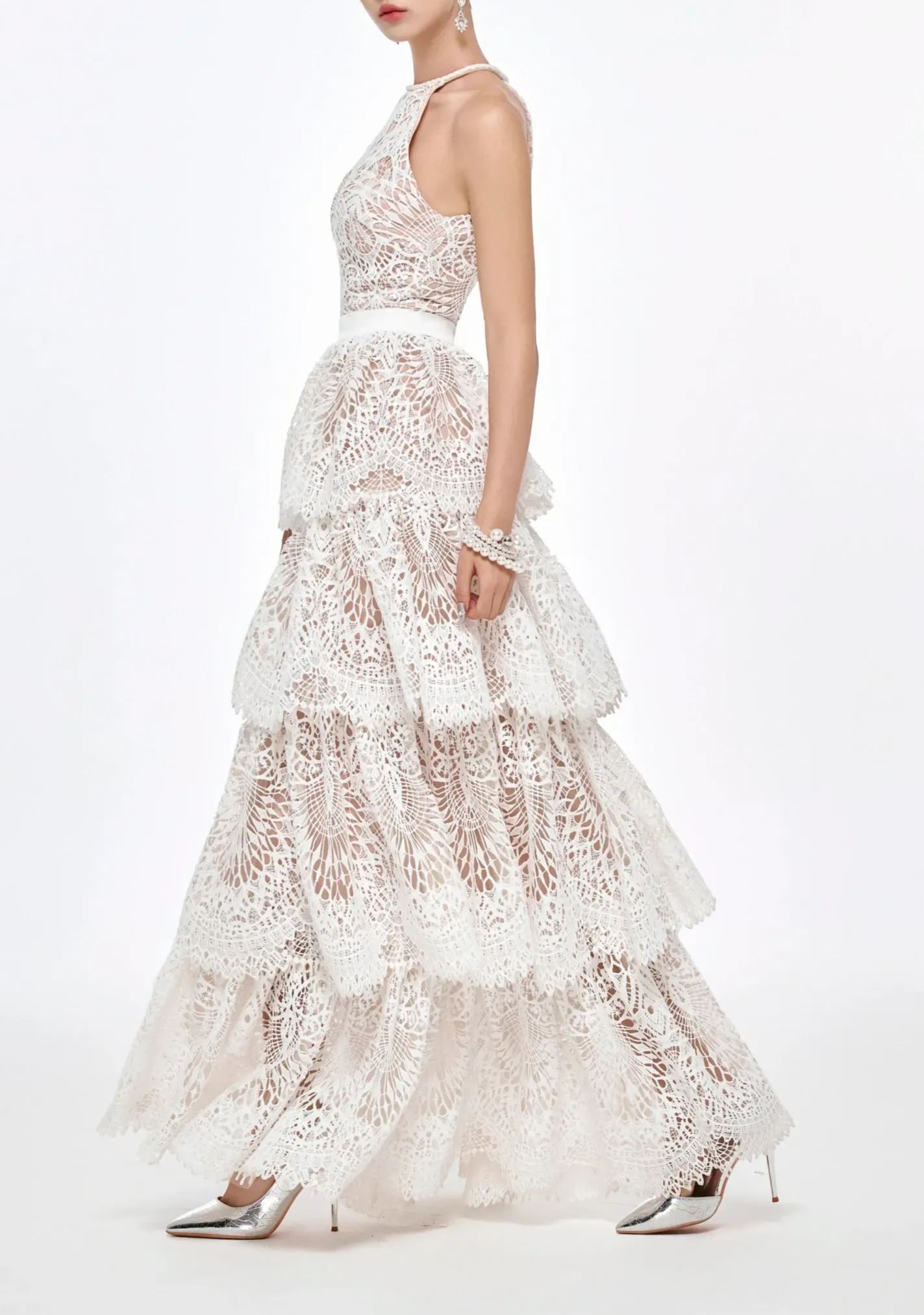 Irènie White Halterneck Lace Maxi Dress