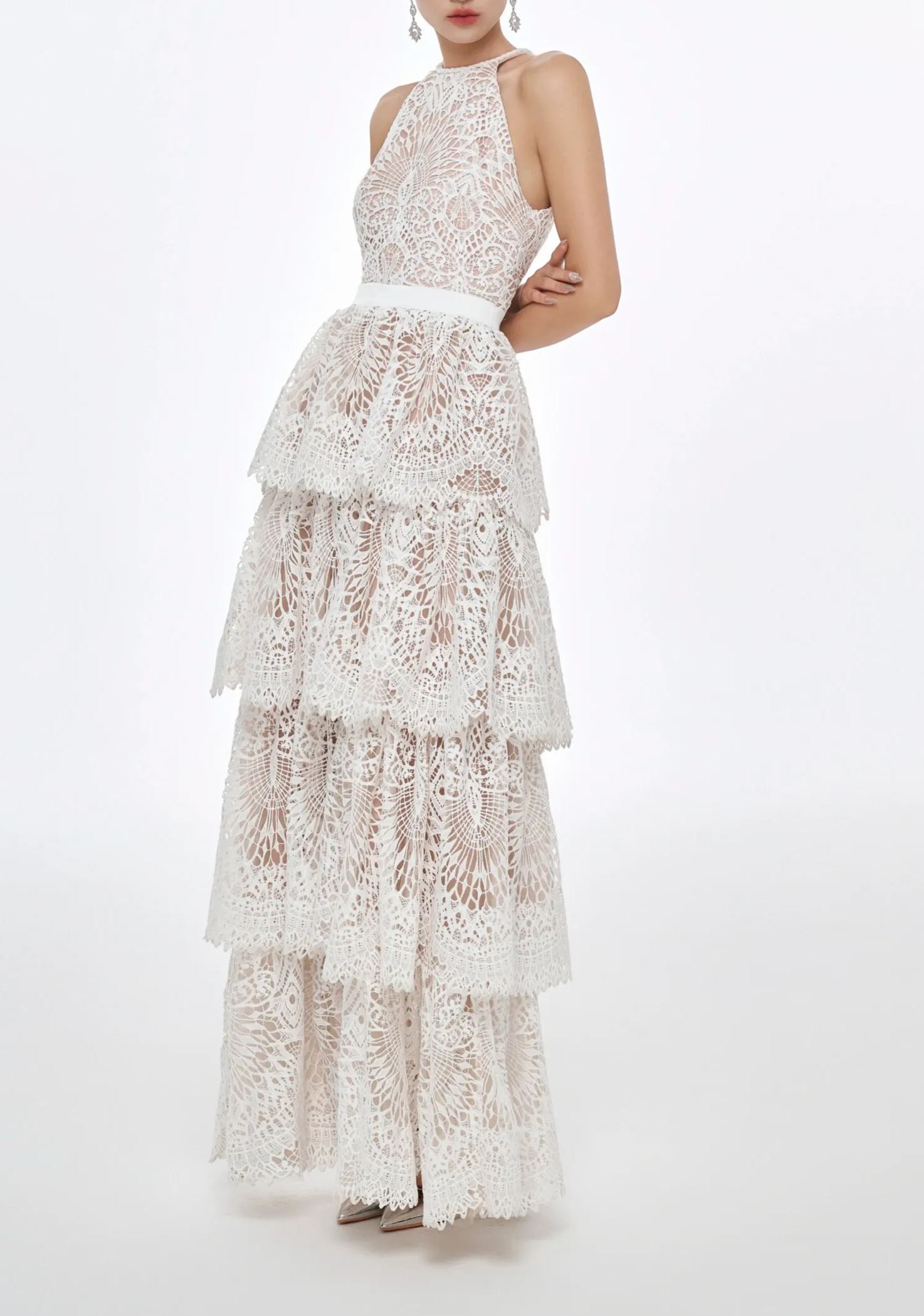 Irènie White Halterneck Lace Maxi Dress