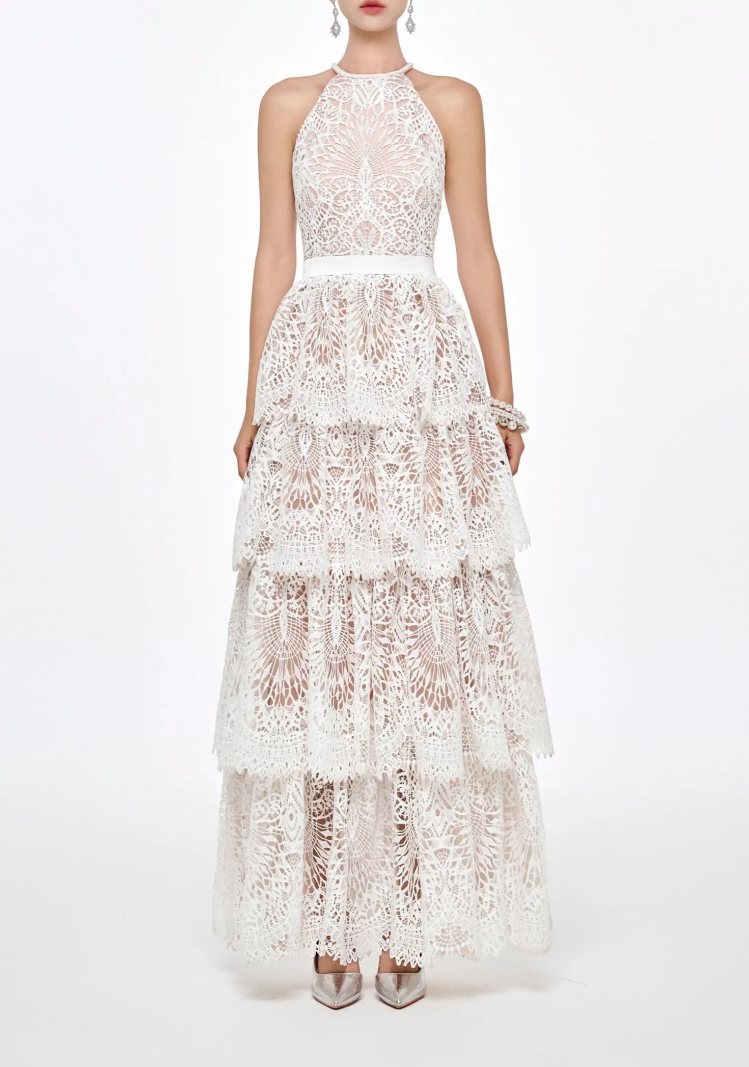 Irènie White Halterneck Lace Maxi Dress