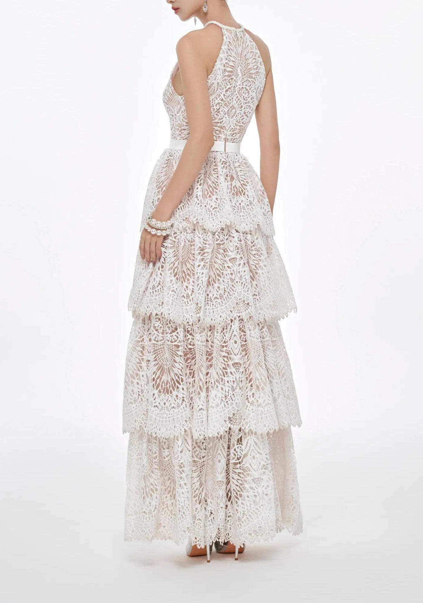 Irènie White Halterneck Lace Maxi Dress