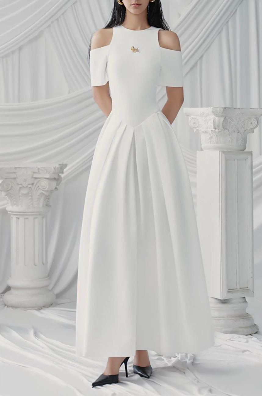 Joubby White Pleated Midi Dress with Self-tie