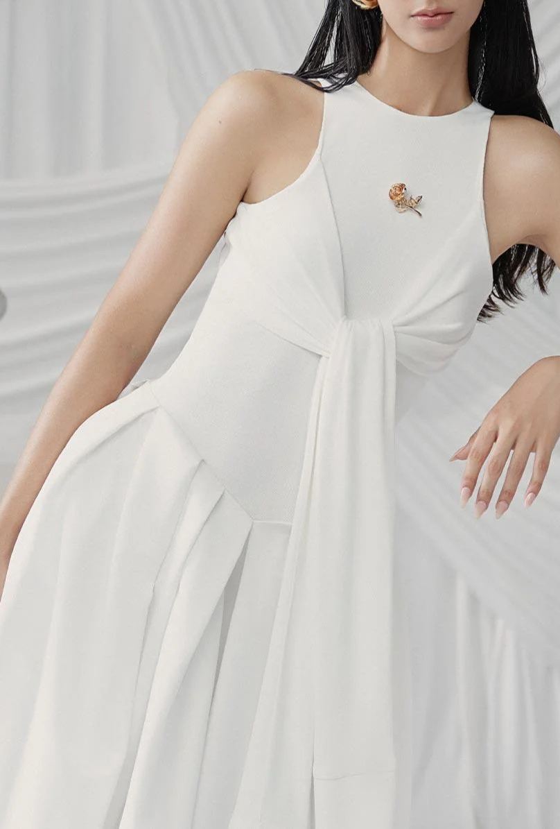 Joubby White Pleated Midi Dress with Self-tie