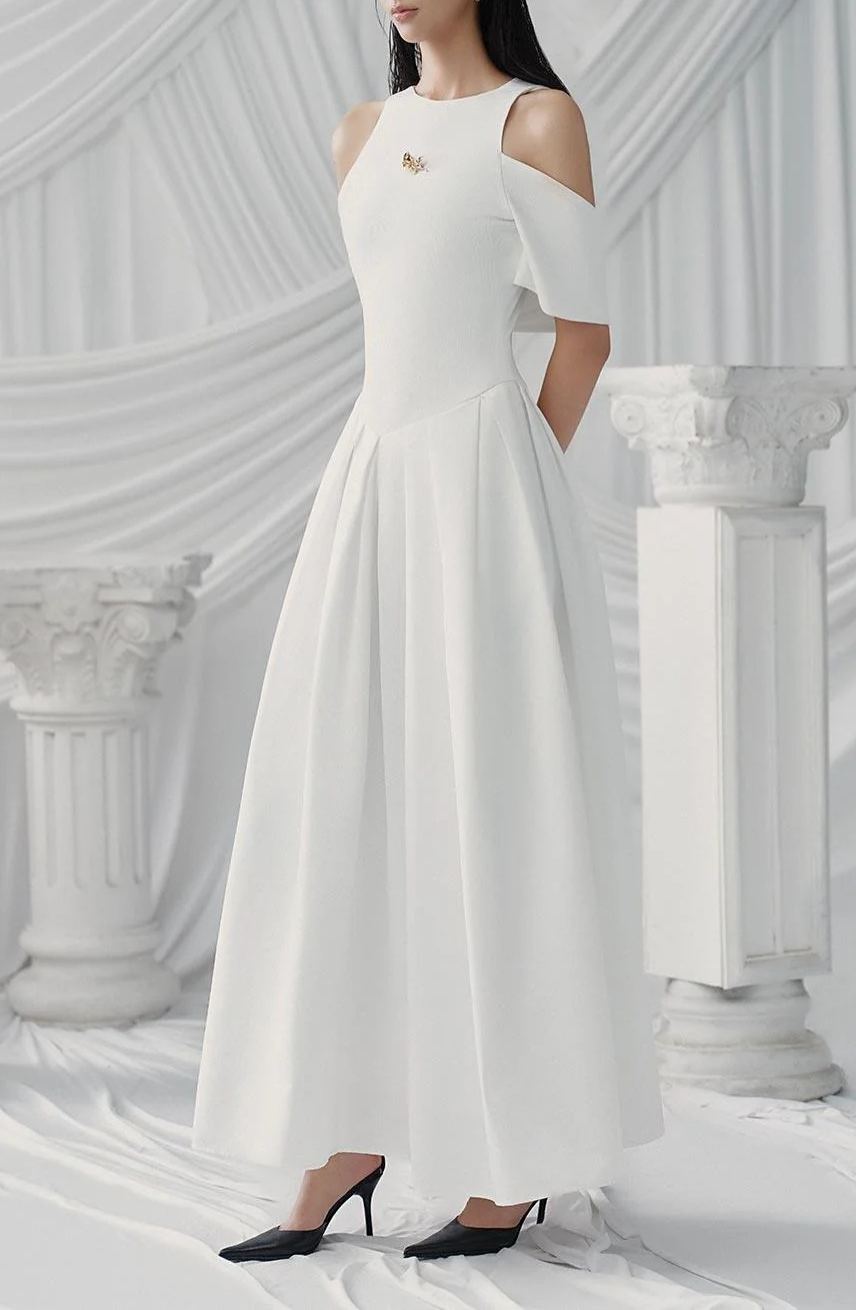 Joubby White Pleated Midi Dress with Self-tie