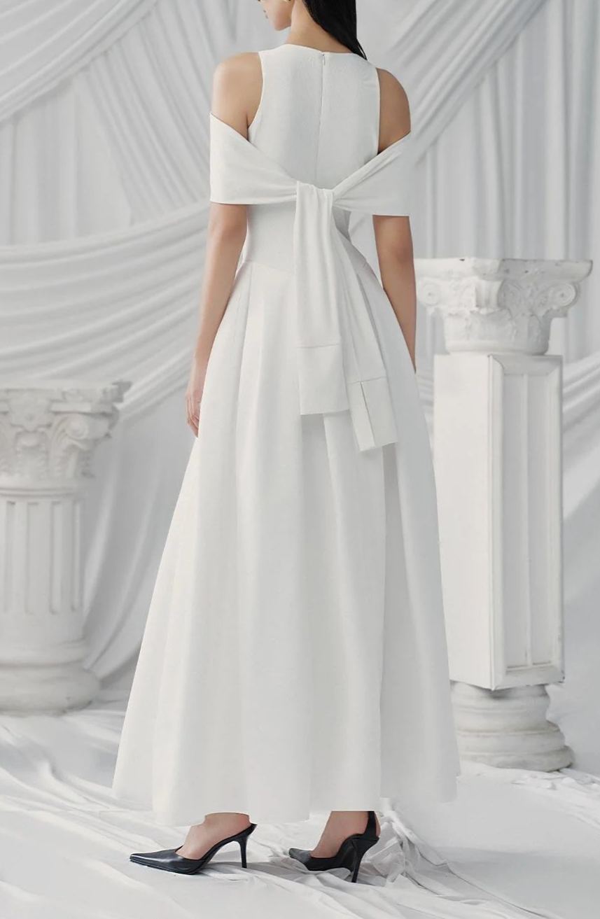 Joubby White Pleated Midi Dress with Self-tie
