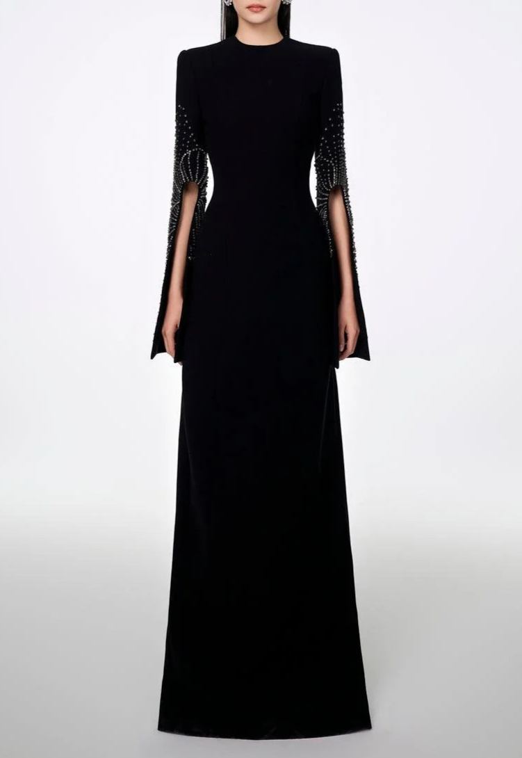 Aqvion Black Slit Sleeve Maxi Dress with Embellishment