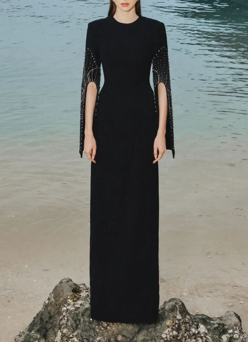 Aqvion Black Slit Sleeve Maxi Dress with Embellishment