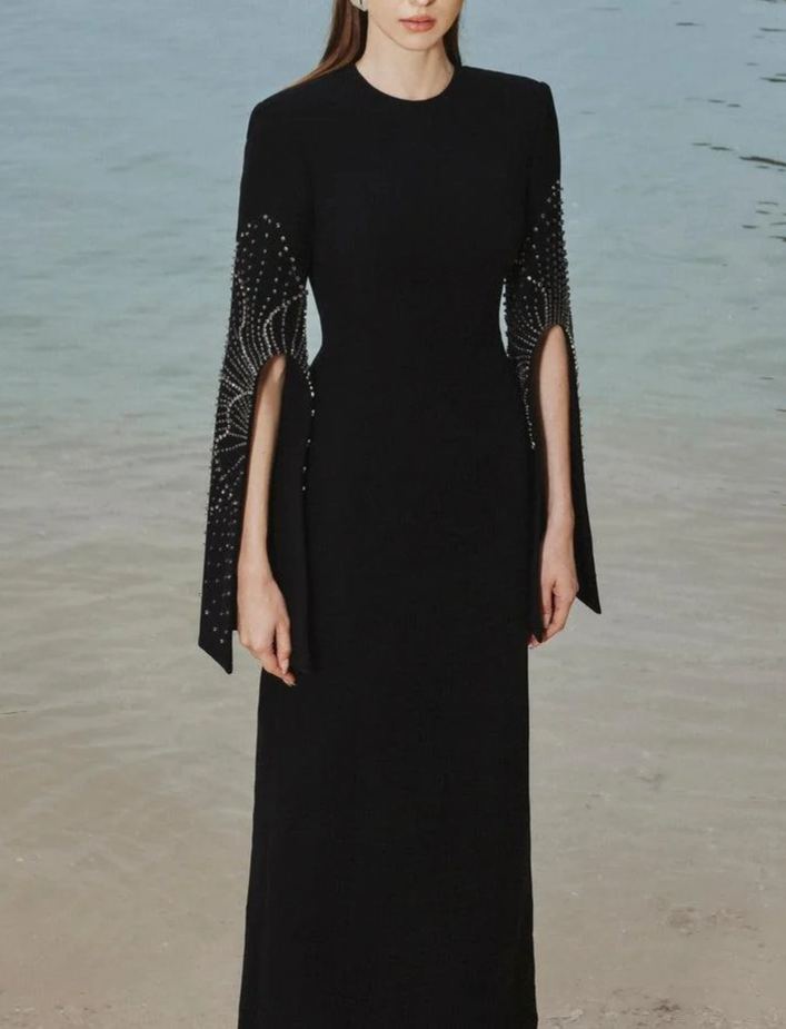 Aqvion Black Slit Sleeve Maxi Dress with Embellishment