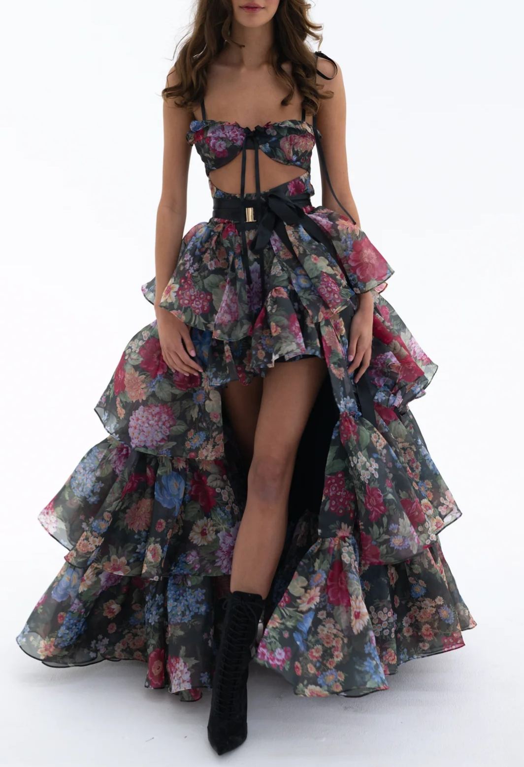 Nalima Floral Printed Skirt Set In Black