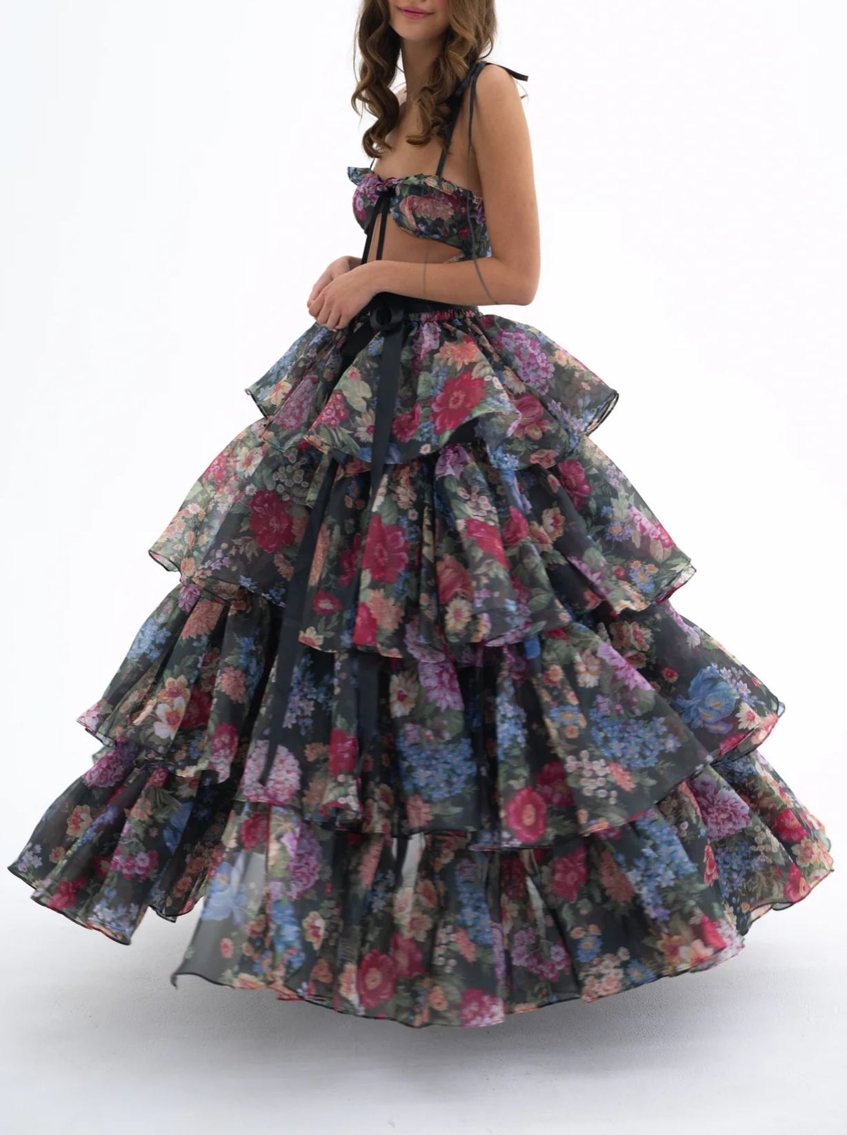 Nalima Floral Printed Skirt Set In Black