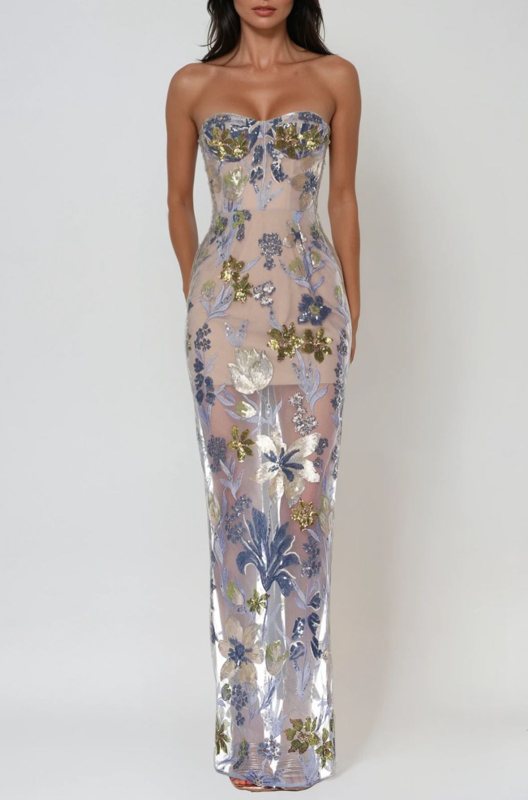 Denica Strapless Sequin Floral Maxi Dress