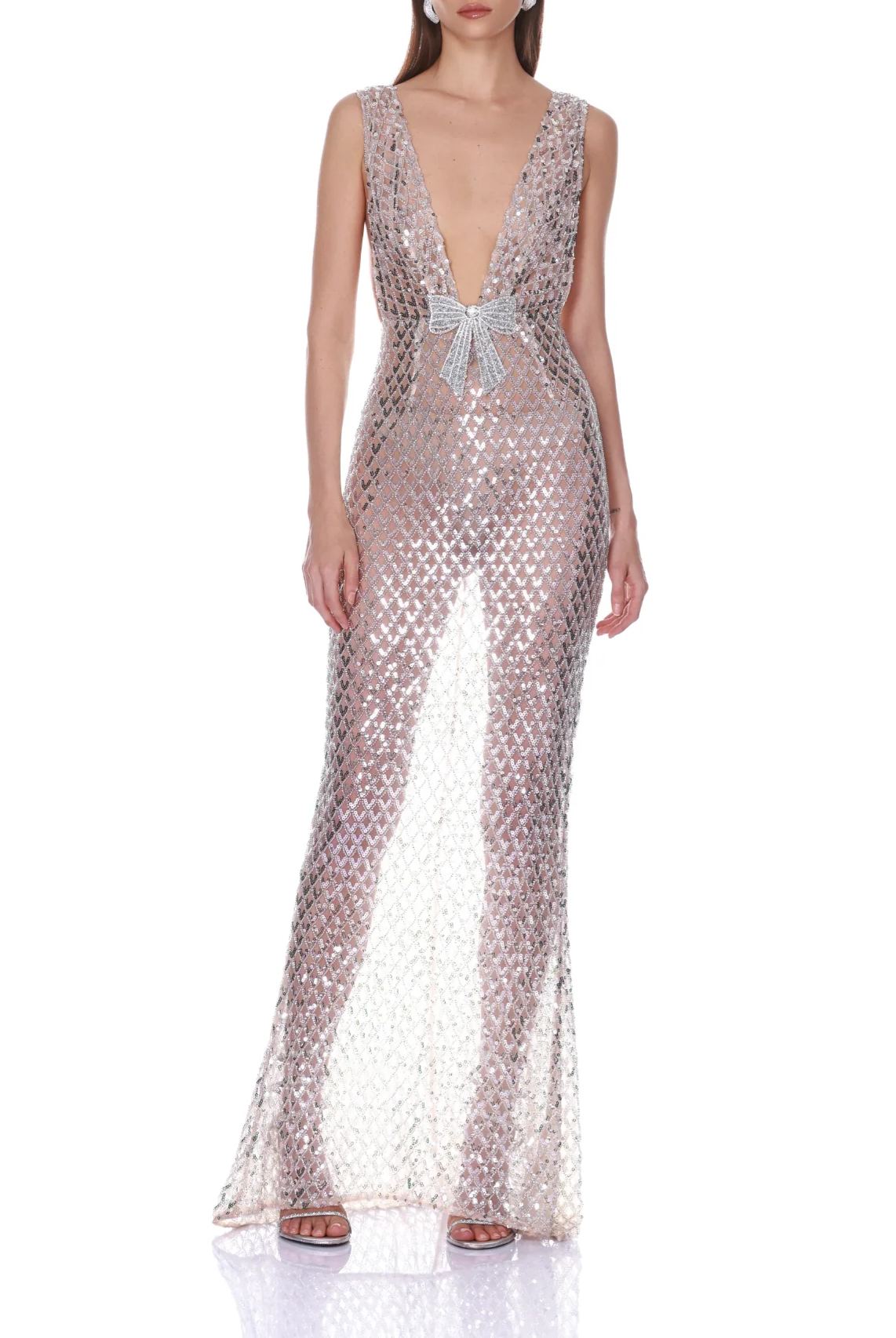 Feardorcha V Neck Bow Sequin Maxi Dress In White