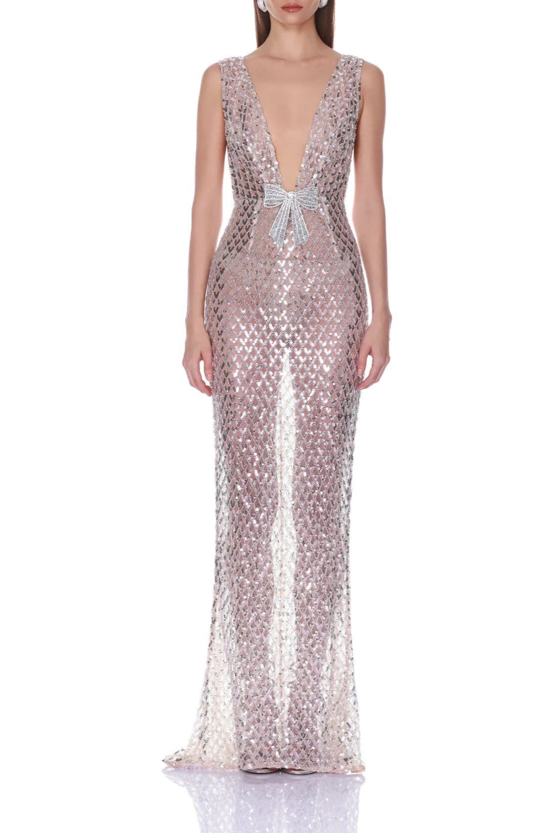 Feardorcha V Neck Bow Sequin Maxi Dress In White