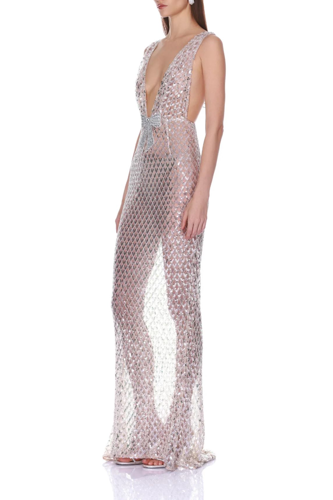 Feardorcha V Neck Bow Sequin Maxi Dress In White