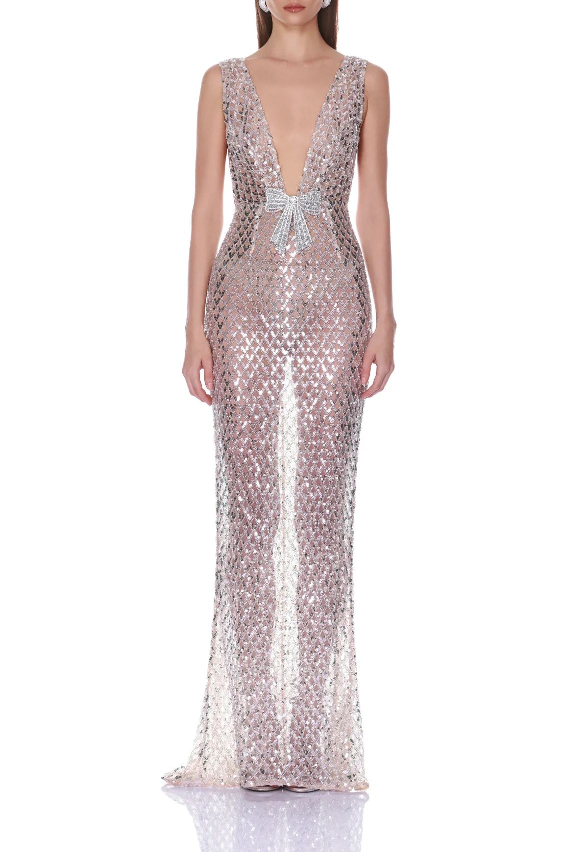 Feardorcha V Neck Bow Sequin Maxi Dress In White