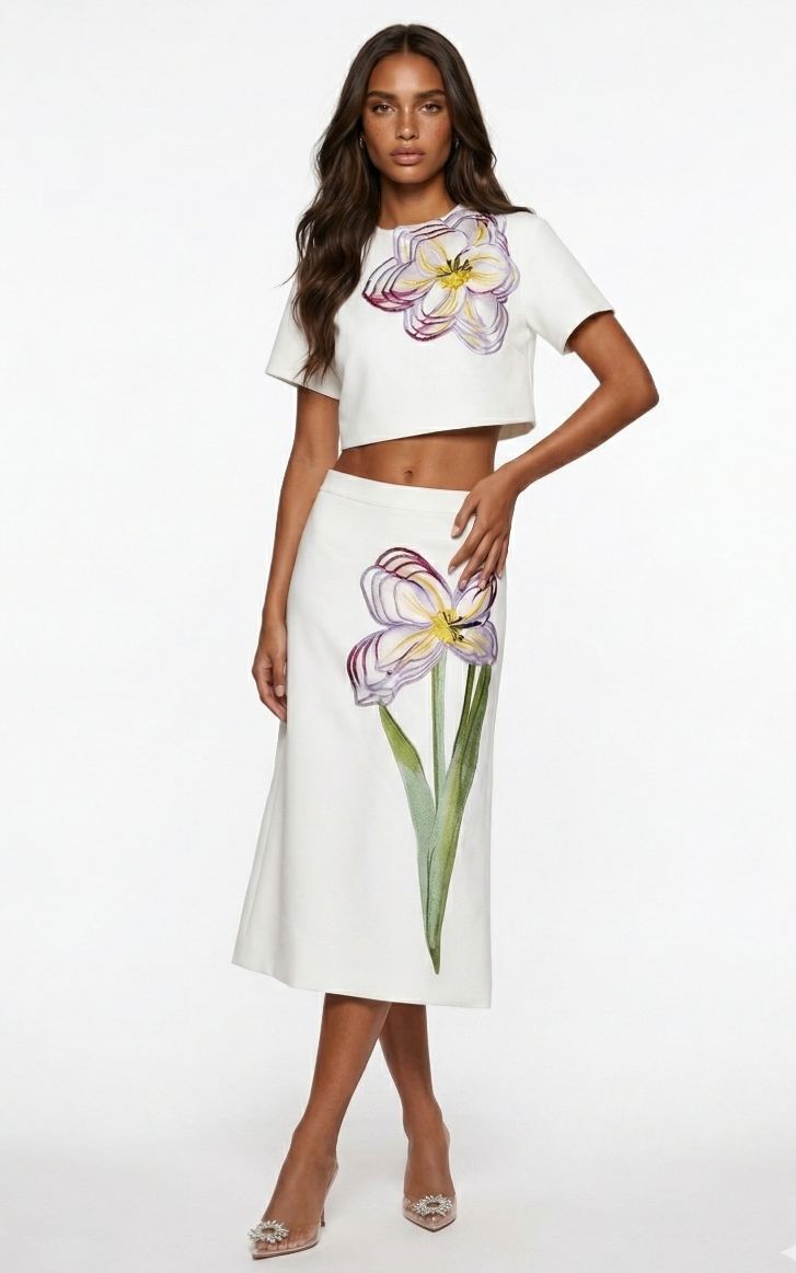 Fedelma Floral Applique Short Sleeve Top & Skirt Set