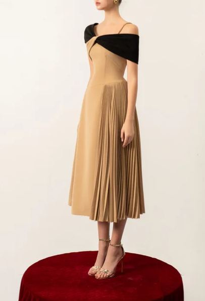 Djene Asymmetric Colorblock Pleated Midi Dress